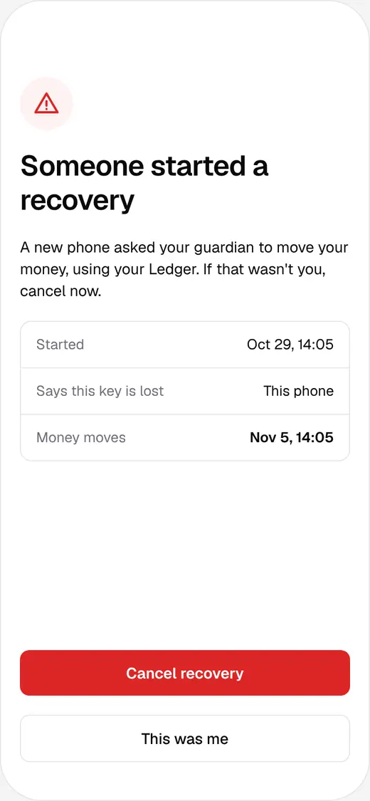 The Trikey recovery alert: Someone started a recovery. It shows when it started, which key it says is lost, and the date money moves, with a red Cancel recovery button.